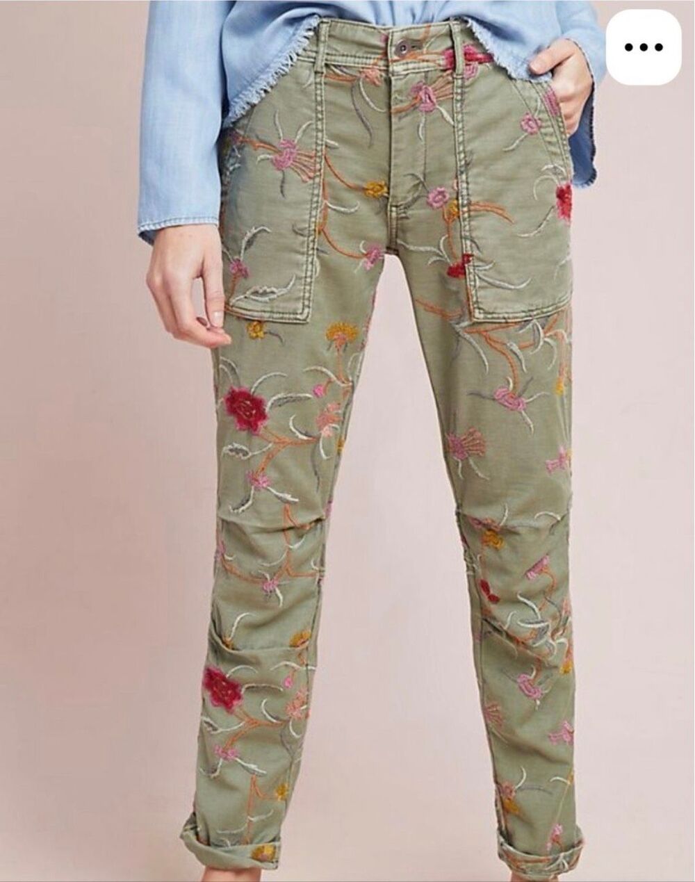 Pilcro Anthropologie Wanderer Floral Embroidered Olive Utility Pants Sz 25